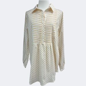 NYDJ‎ Pleated Tunic Womens Small White Yellow Maison Geo Blouse Long Sleeve Top